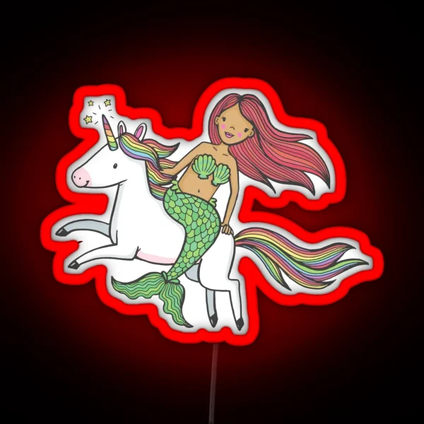 Mermaid Riding Unicorn Cute Magical Creature RGB Neon Sign