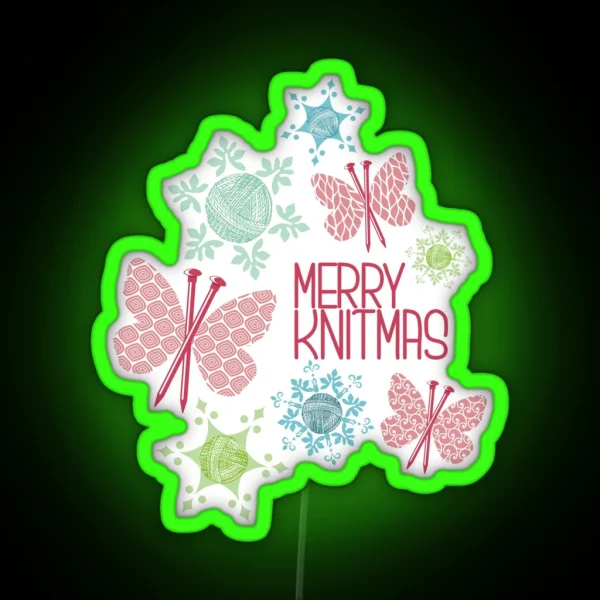 Merry Knitmas Butterfly Knitting Needles Yarn Snowflakes RGB Neon Sign