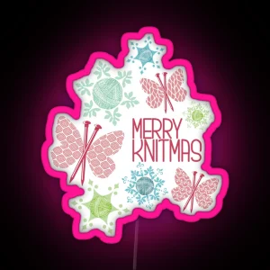 Merry Knitmas Butterfly Knitting Needles Yarn Snowflakes RGB Neon Sign