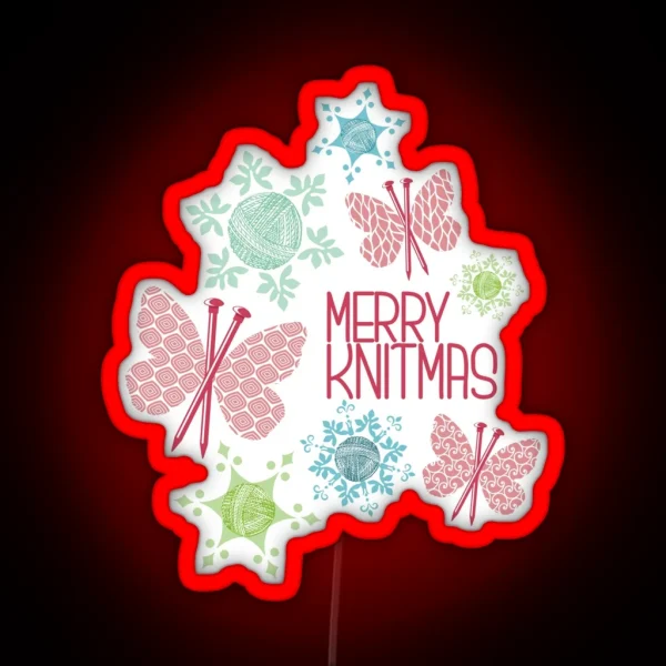 Merry Knitmas Butterfly Knitting Needles Yarn Snowflakes RGB Neon Sign