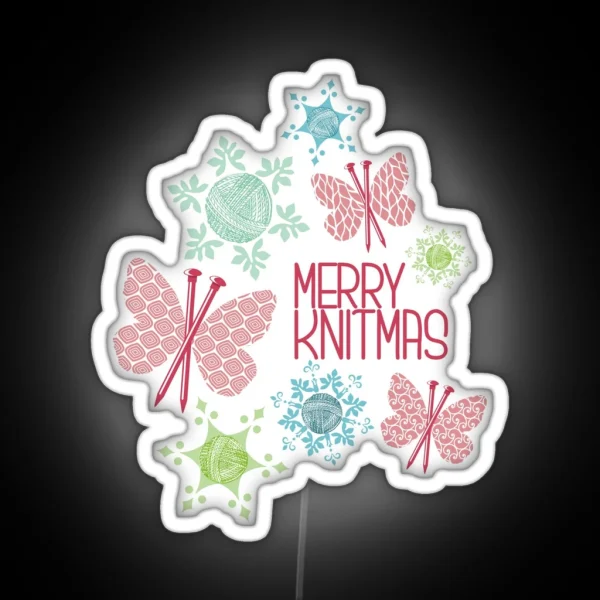 Merry Knitmas Butterfly Knitting Needles Yarn Snowflakes RGB Neon Sign