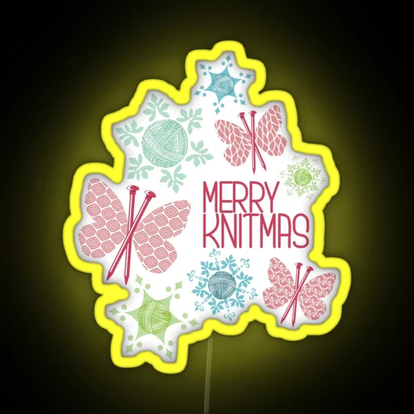 Merry Knitmas Butterfly Knitting Needles Yarn Snowflakes RGB Neon Sign