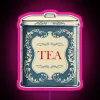A metal tea tin featuring an RGB neon sign with a pink design.