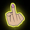 Middle finger neon sign with vibrant yellow RGB lighting.