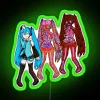 Hatsune Miku under a vibrant RGB neon sign glowing green.
