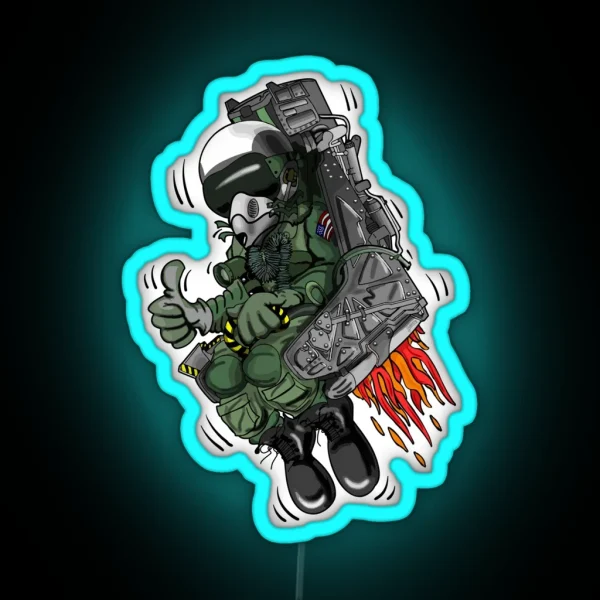 Military Fighter Jet Pilot Ejection Seat Cartoon Illustration RGB Neon Sign