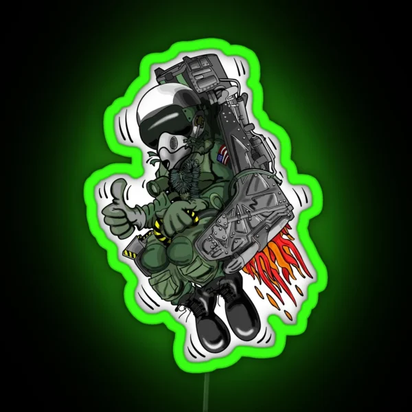 Military Fighter Jet Pilot Ejection Seat Cartoon Illustration RGB Neon Sign