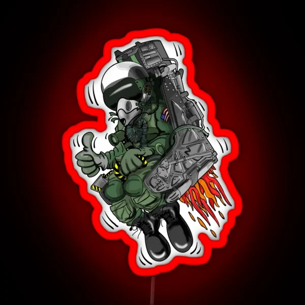 Military Fighter Jet Pilot Ejection Seat Cartoon Illustration RGB Neon Sign