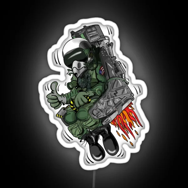 Military Fighter Jet Pilot Ejection Seat Cartoon Illustration RGB Neon Sign