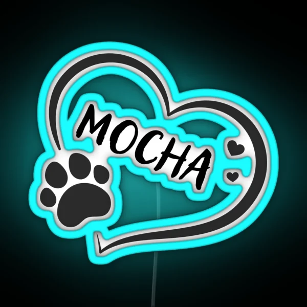Mocha Pet Dog Or Cat Name In A Heart With A RGB Neon Sign