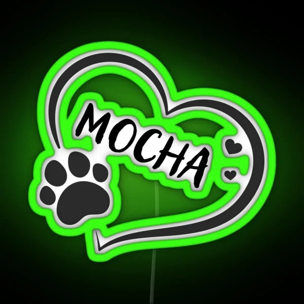 Mocha Pet Dog Or Cat Name In A Heart With A RGB Neon Sign