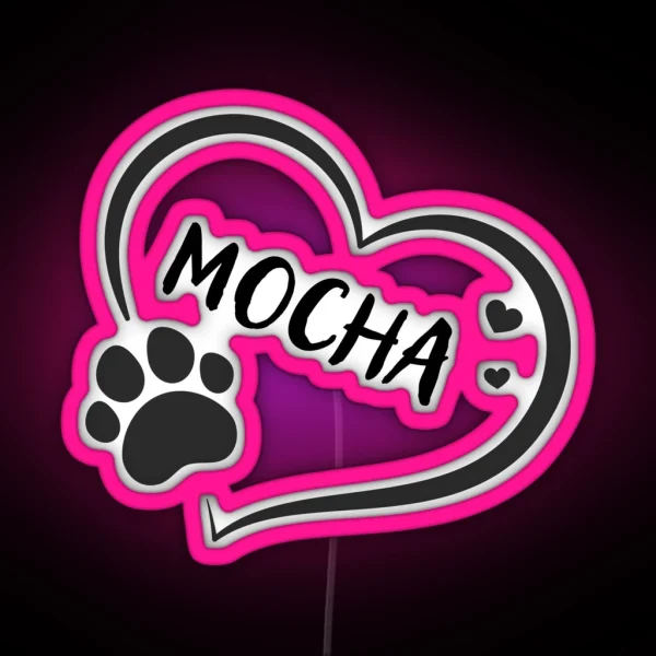 Mocha Pet Dog Or Cat Name In A Heart With A RGB Neon Sign