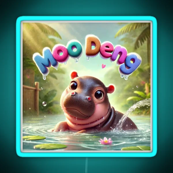 Moo Deng Baby Pygmy Hippo Adorable Playful Water Scene RGB Neon Sign