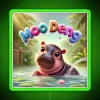 adorable baby pygmy hippo playing in a water scene with neon sign.