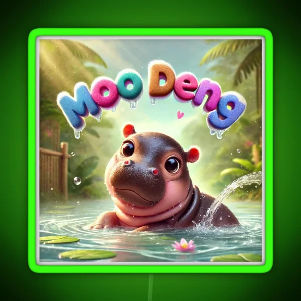 Moo Deng Baby Pygmy Hippo Adorable Playful Water Scene RGB Neon Sign
