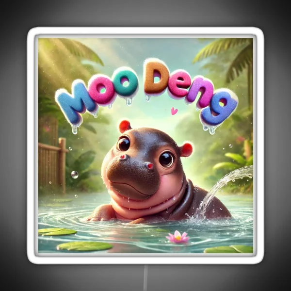 Moo Deng Baby Pygmy Hippo Adorable Playful Water Scene RGB Neon Sign
