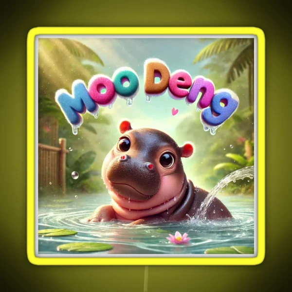 Moo Deng Baby Pygmy Hippo Adorable Playful Water Scene RGB Neon Sign
