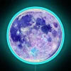 A watercolor illustration of the moon with glowing RGB neon accents, featuring cool blue tones.
