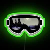 Neon ski and snowboard goggle art sign from the dopeyart series, featuring vibrant RGB colors in green.