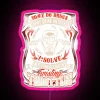 Neon pink motorcycle biker on asphalt - problem solution sign