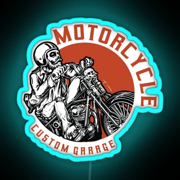 Motorcycle Custom Garage Man Riding Chopper Skull RGB Neon Sign