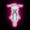 A front view of a motorcycle with an eye-catching RGB neon pink sign.