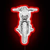 A neon RGB motorcycle in front view, featuring a glowing red sign design.