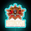 Motorcycle once a biker always a biker till death neon sign with colorful bikers and vibrant blue background.
