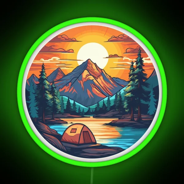 Mountain Camping Hiking Sunset Lake Outdoors RGB Neon Sign