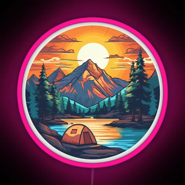 Mountain Camping Hiking Sunset Lake Outdoors RGB Neon Sign
