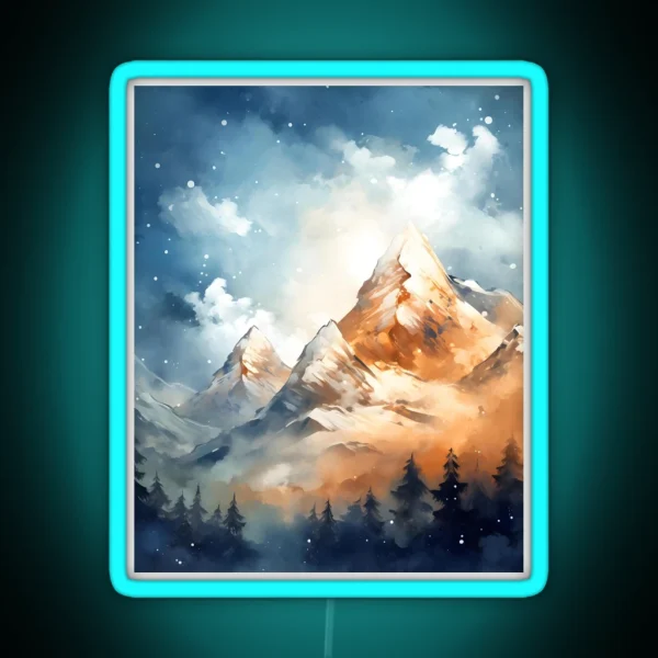 Mountain Majesty A Snowy Peaks Watercolor RGB Neon Sign