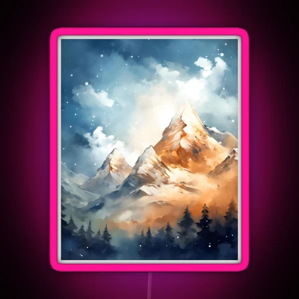 Mountain Majesty A Snowy Peaks Watercolor RGB Neon Sign