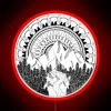 mountain mandala scene with rgb neon sign in red