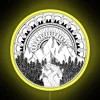 mountain mandala scene with vibrant neon RGB sign, colorful yellow design