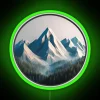 Mountain winter scene featuring vibrant peaks and an RGB neon sign, capturing the essence of a wintery landscape.