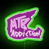 Mountain bike helmet neon sign featuring pink and green RGB lighting effects.
