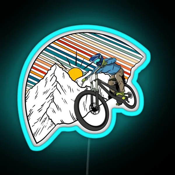 MTB Rider Riding Down Snow Covered Mountains Retro RGB Neon Sign