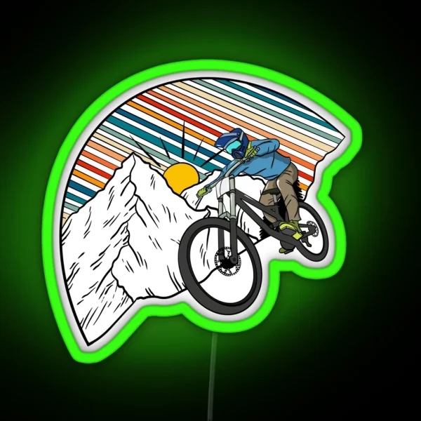 MTB Rider Riding Down Snow Covered Mountains Retro RGB Neon Sign