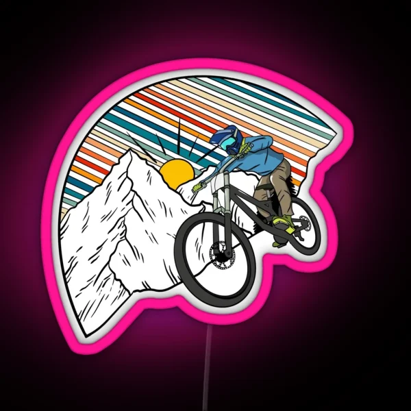 MTB Rider Riding Down Snow Covered Mountains Retro RGB Neon Sign
