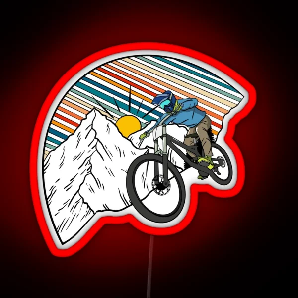 MTB Rider Riding Down Snow Covered Mountains Retro RGB Neon Sign