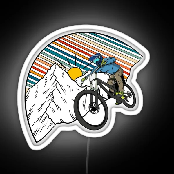 MTB Rider Riding Down Snow Covered Mountains Retro RGB Neon Sign