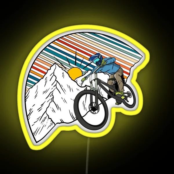 MTB Rider Riding Down Snow Covered Mountains Retro RGB Neon Sign