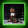 Muhammad Ali knocks out Sonny Liston in a classic boxing match scene depicted in an RGB neon green sign.