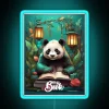 A cute panda reading a book under vibrant neon lanterns.