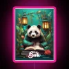 panda reading under rgb neon lanterns with a pink sign
