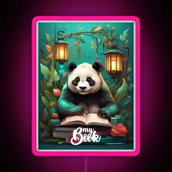 My Book Panda Reading Under The Lanterns RGB Neon Sign