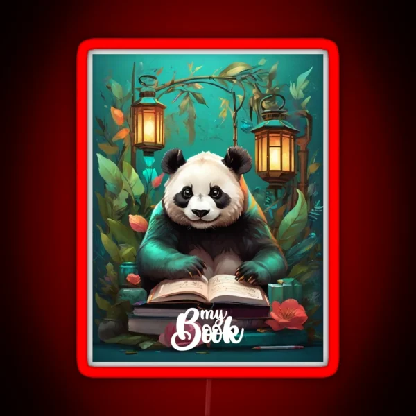 My Book Panda Reading Under The Lanterns RGB Neon Sign