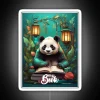 A panda reading a book under vibrant RGB neon lanterns.