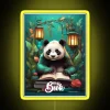 Panda reading a book under a neon lantern sign (RGB yellow).