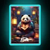 Panda reading under vibrant neon lanterns with an RGB blue sign and artistic glow.